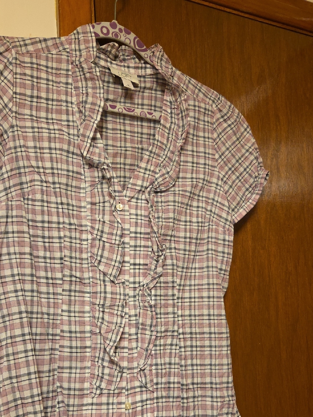 WORN ONCE LOFT Pink and White Plaid Ruffle Front Blouse